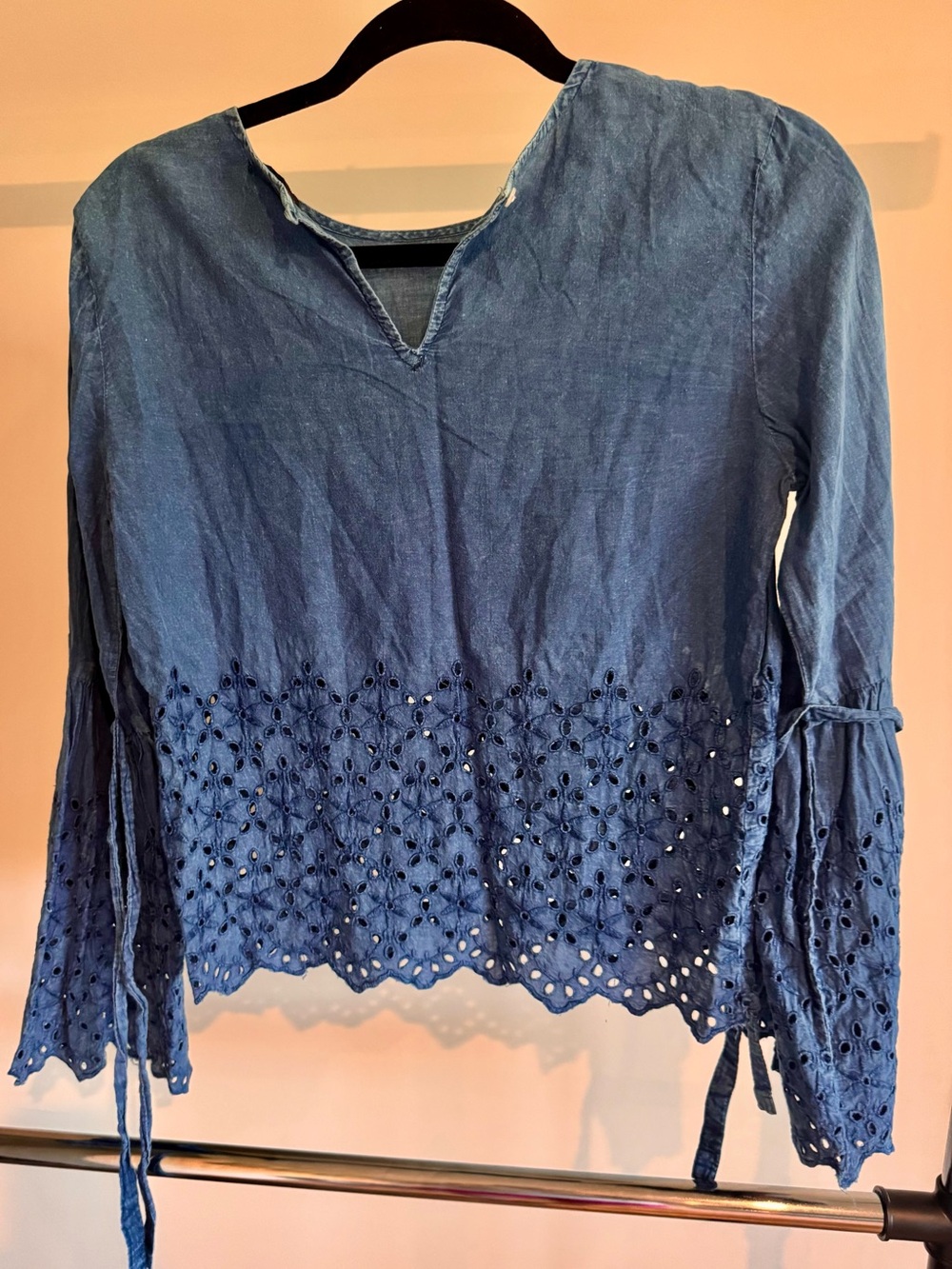 Blue Eyelet Lace Hem Women’s Long Sleeve Top - Picture 2 of 2